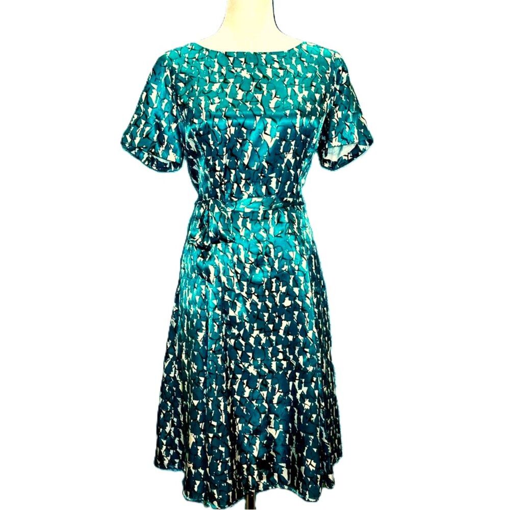 Alex Marie Satin Teal Green Brushstroke Print Midi Cocktail Dress w/ Sash Sz 10